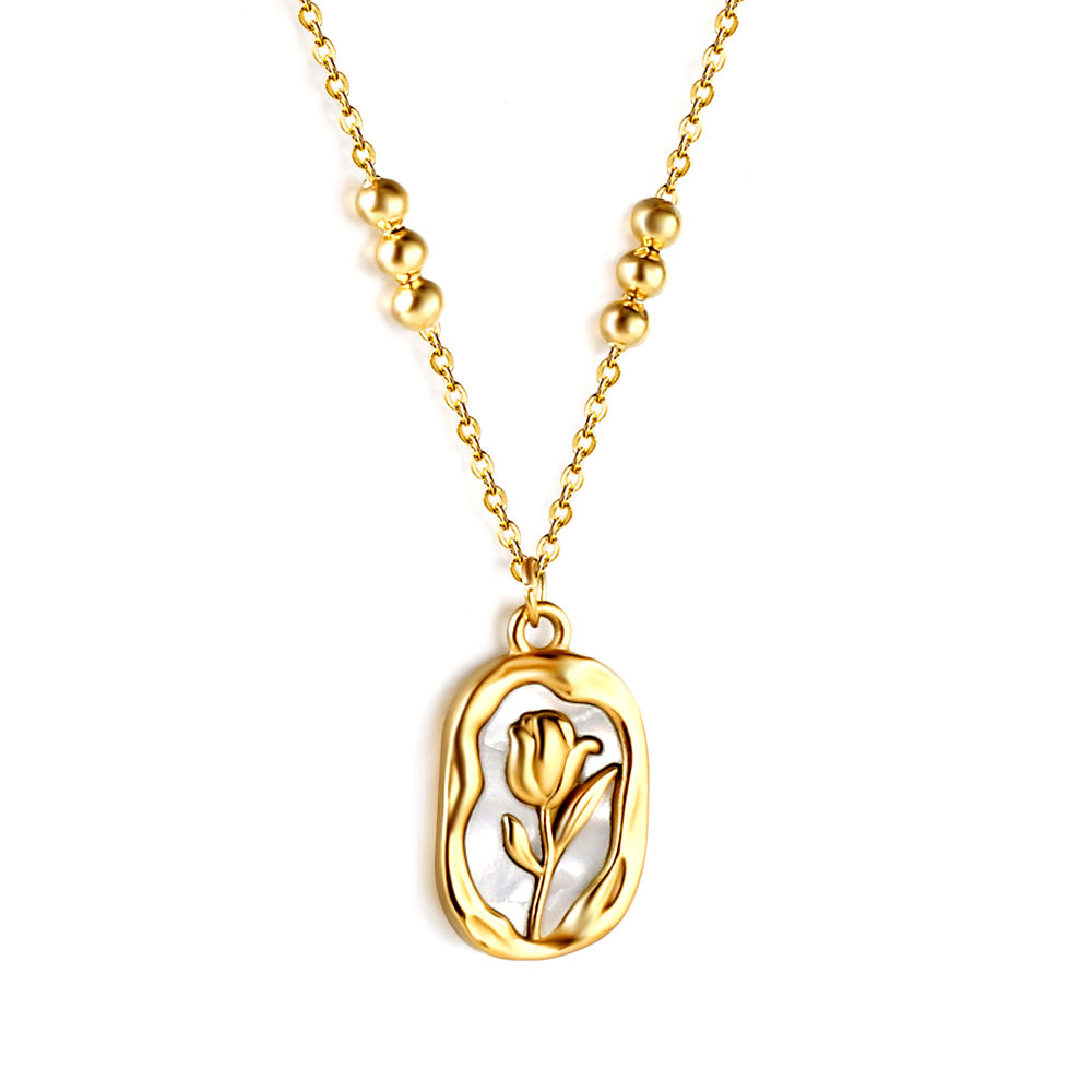 Long Oval Rose with White Shell Pendant 3 Bead Chain Necklace 44+5cm Golden asonjewelry